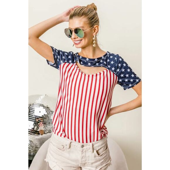 BiBi American Flag Theme Front Cut Out Short Sleeves Round Neck Top | Red Stripe - Picture 6 of 12
